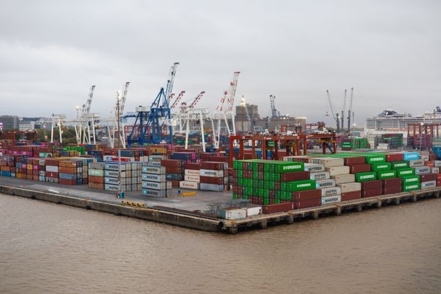 shipping port with stacked cargo containers